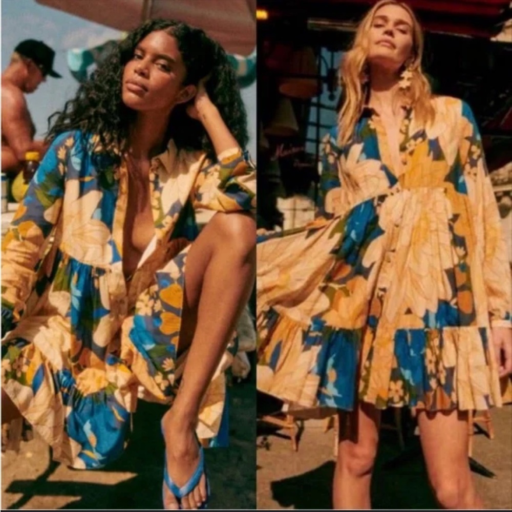 Sezane Floral Long Sleeve Tiered Mini Dress in Blue and Yellow